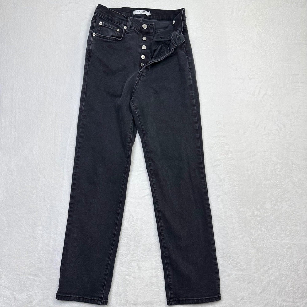NA-KD Straight High Waist Jeans Black Button Fly Faded Wash Womens 25 Waist‎